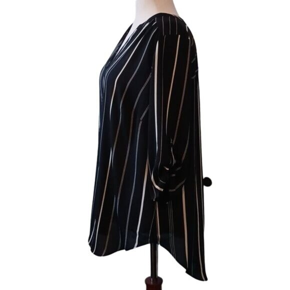 Worthington Black V-neck‎ Blouse with White Stripes Long 3/4 Sleeves Size 0X - Picture 2 of 10